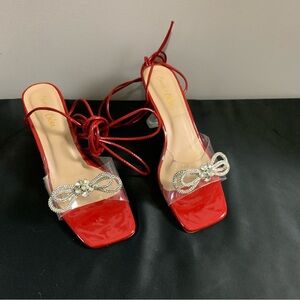 Square toe bow rhinestone clear lace up heels